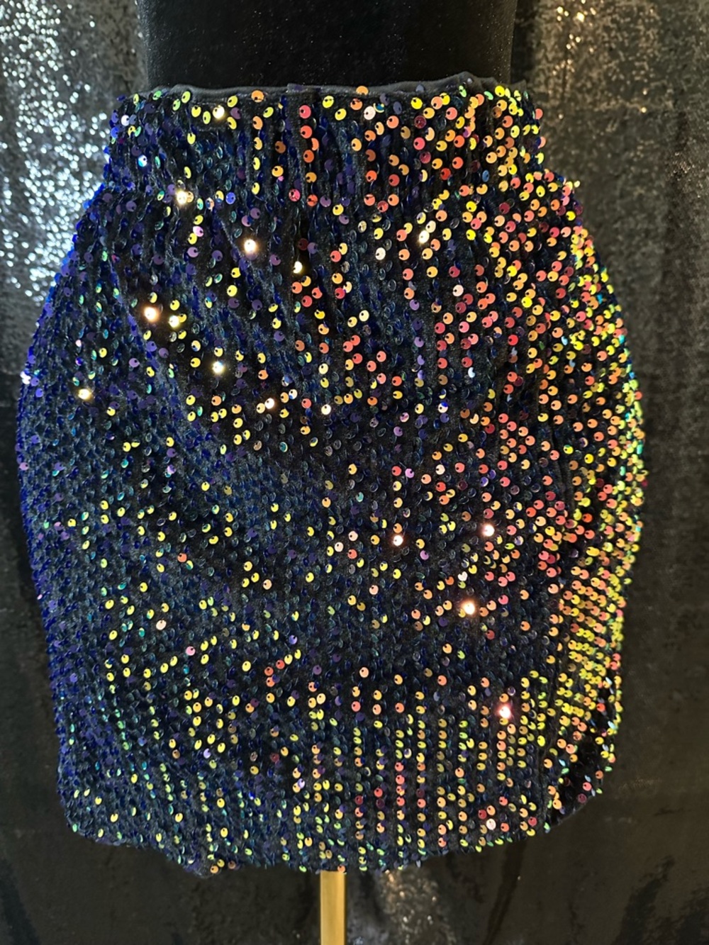 Black Sequin Mini Skirt with Iridescent Holographic Sequins
